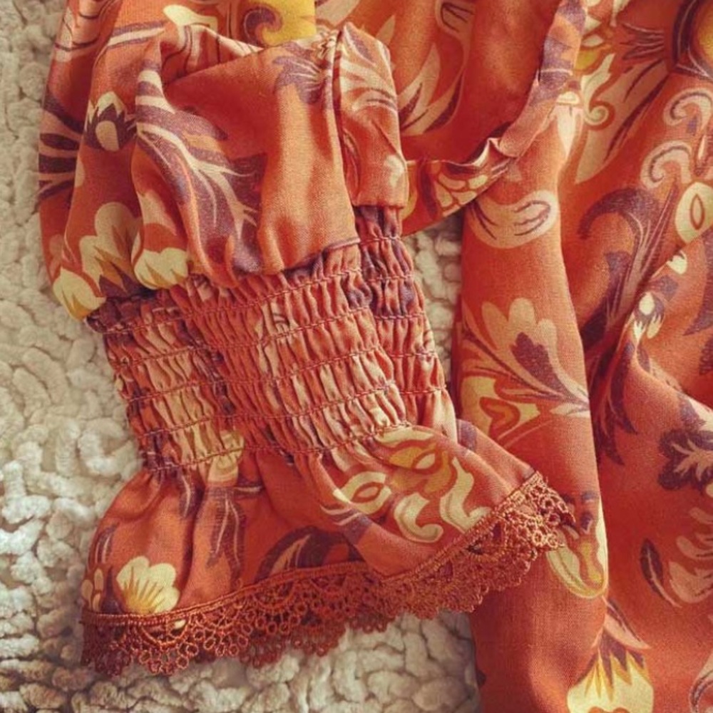 SOLD OUT Rust Vintage Style Floral Ruffle Boho Blouse - Picture 5 of 6